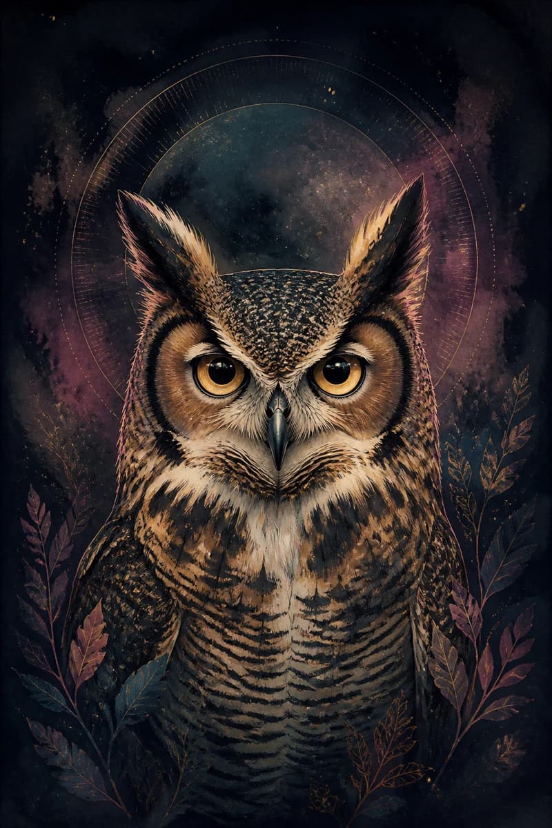 Coruja ilustrada sob um arco iluminado pela lua, nas cores índigo, verde-água e ouro antigo da Lunara.