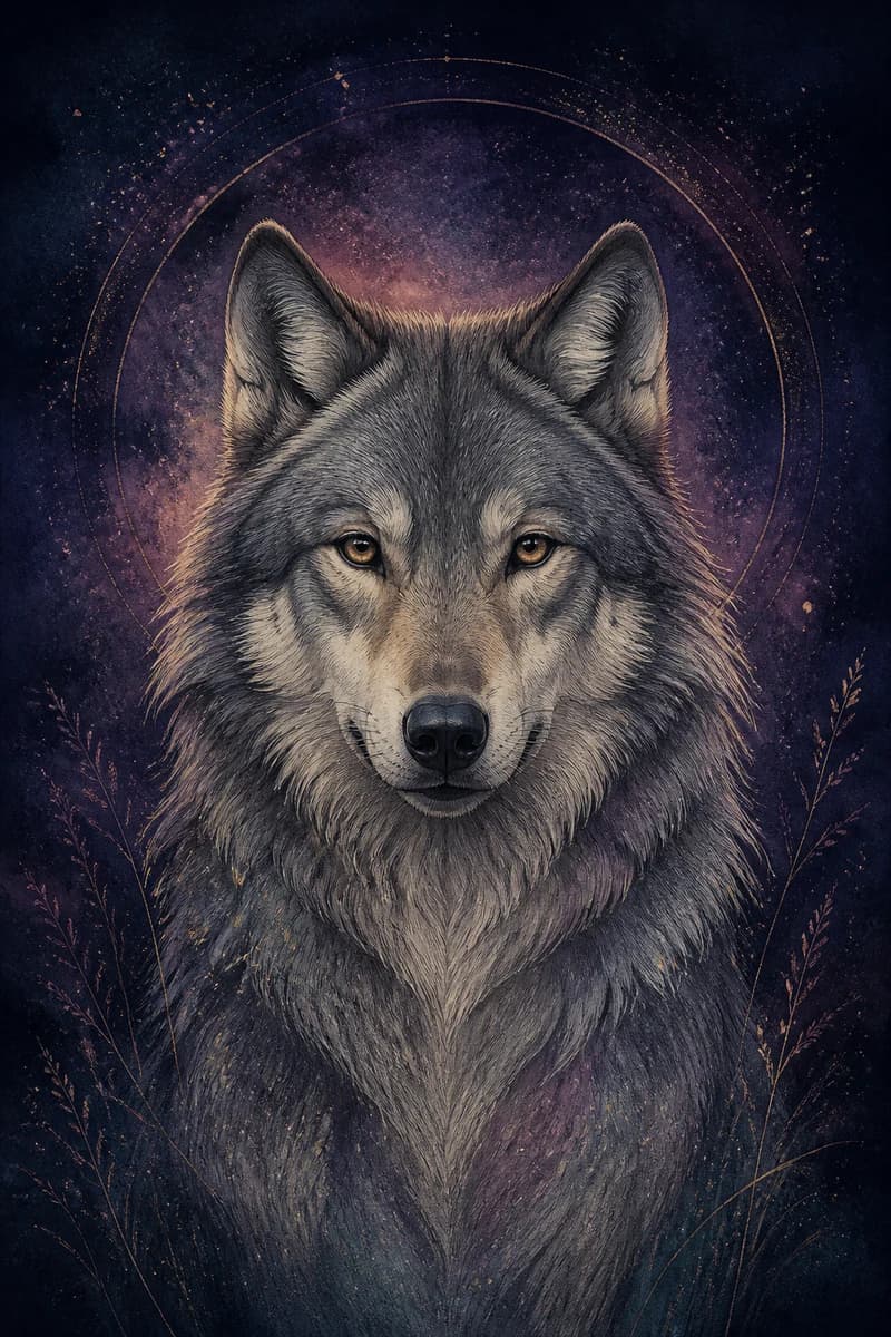 Lobo ilustrado sob estrelas e lua crescente nas cores índigo e ouro antigo da Lunara.